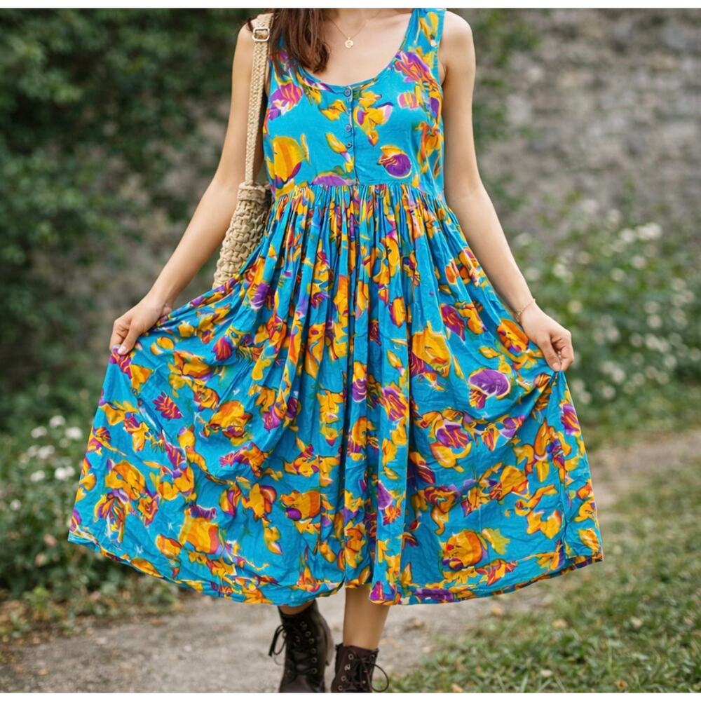 Vintage Sita Nepal Fish Print Cotton Dress Boho Midi Festival M Flawed